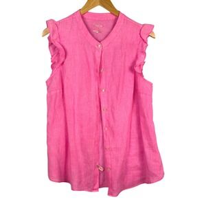 Lilly Pulitzer Womens Linen Brielle Sleeveless Button Shirt Sz L Pink Barbie